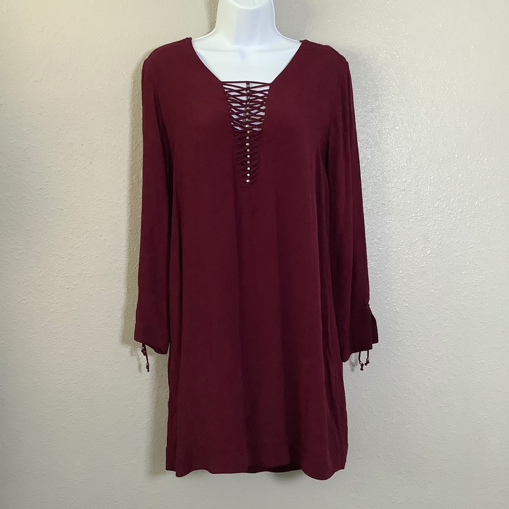 GxF Burgundy Red Bohemian Boho Chic Casual Western Cowgirl Cutout Tunic Top L